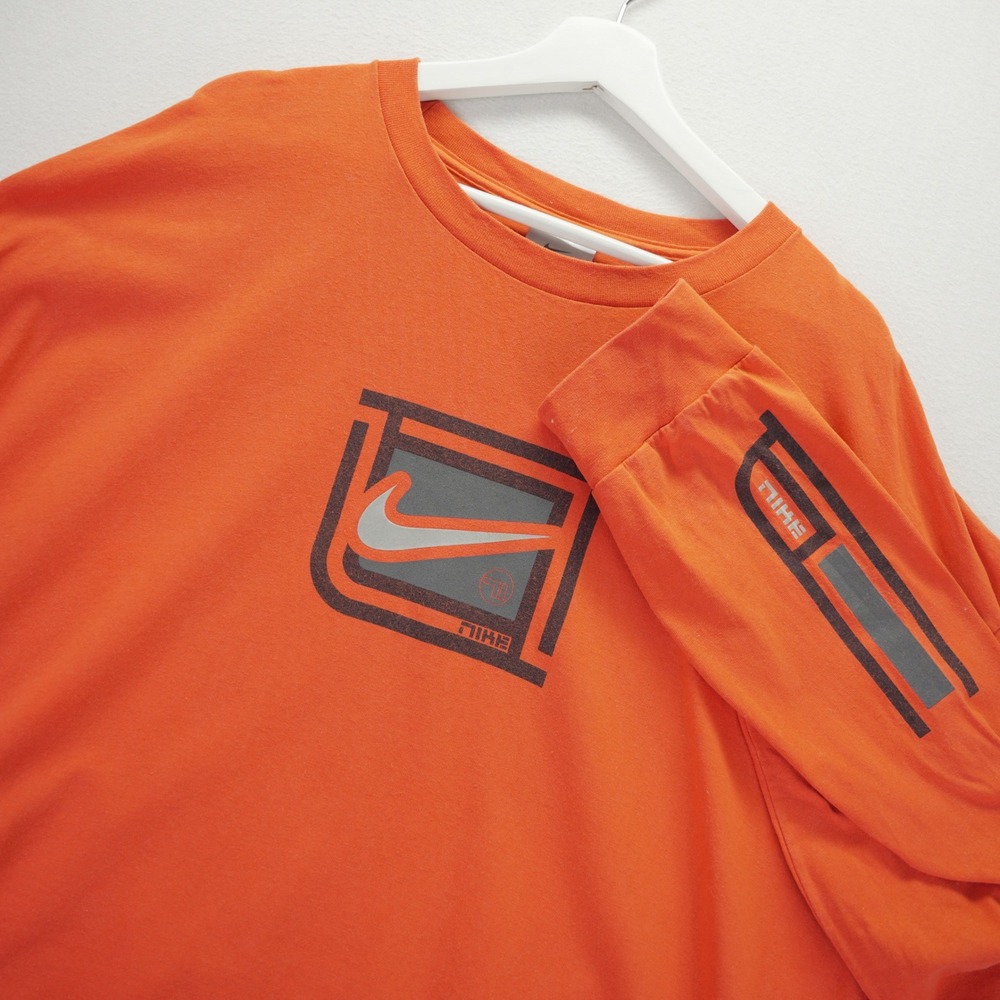 Nike Long Sleeve Graphic T-Shirt Orange XXL Made in USA 90s Swoosh Vintage